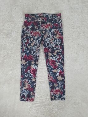 HUE Navy Floral Print Stretch Leggings with Burgundy and Cream Accents